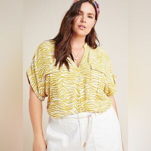 Anthropologie Maeve Butter Yellow Animal Print Blouse Loose Fit Tunic sz L Boho